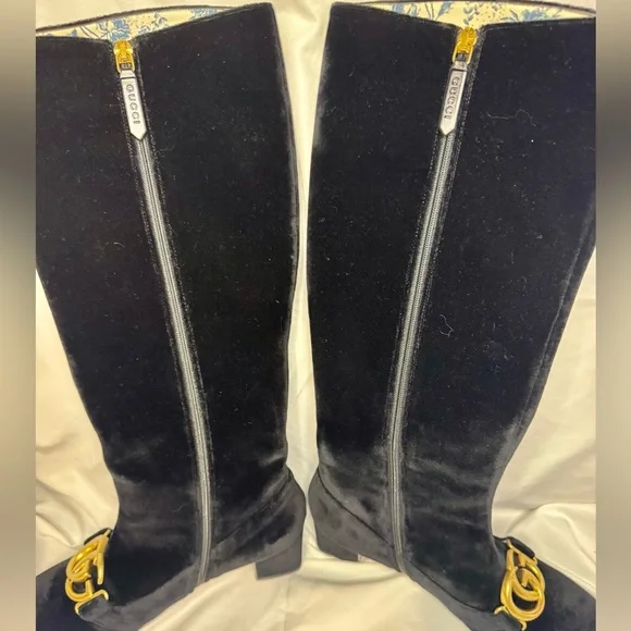 NWOB Gucci Marmont Double G Black Velvet Boots with GG Gold Logo size EU 38 1/2 - Picture 3 of 12
